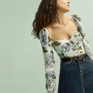 Reformation Reign Floral Top Riviera Blue White Smocked Back Long Sleeve Size 4
